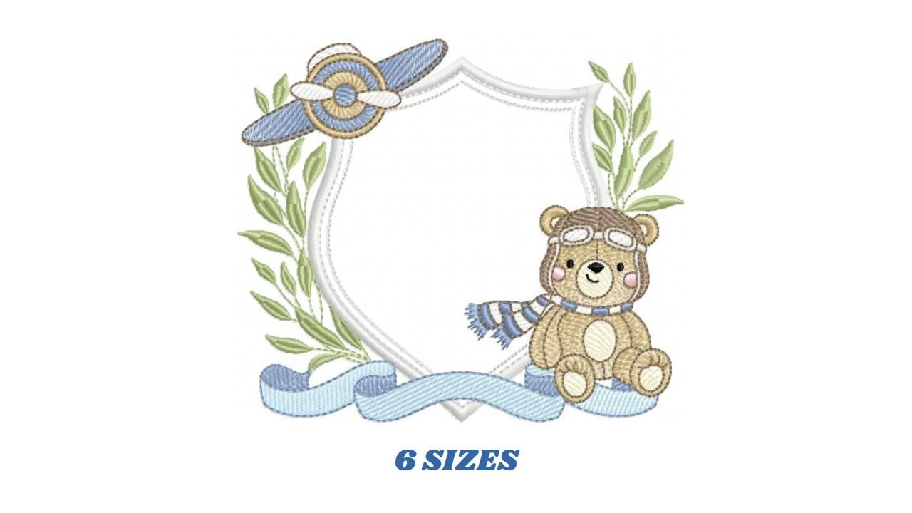 Pilot Bear frame embroidery designs - Aviator Teddy Bear with goggles laurel frame design machine embroidery pattern - Instant download pes