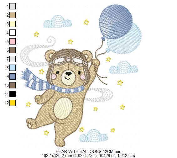 Pilot Bear embroidery designs - Bear with Balloons embroidery design machine embroidery pattern - Aviator Teddy bear file - instant download