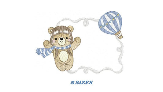 Pilot Bear frame embroidery designs - Aviator Teddy with goggles and cap embroidery design machine embroidery pattern - instant download pes