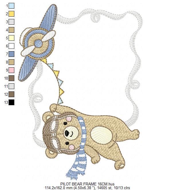 Pilot Bear frame embroidery designs - Plane with flags monogram shape embroidery design machine embroidery pattern - instant download jef