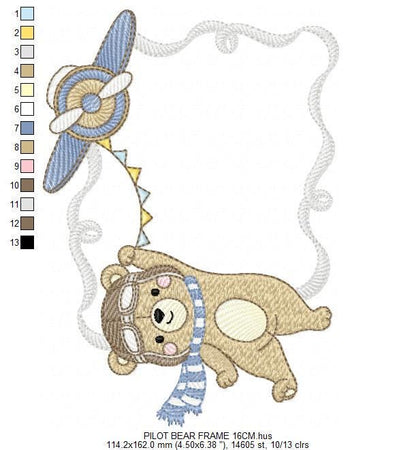 Pilot Bear frame embroidery designs - Plane with flags monogram shape embroidery design machine embroidery pattern - instant download jef