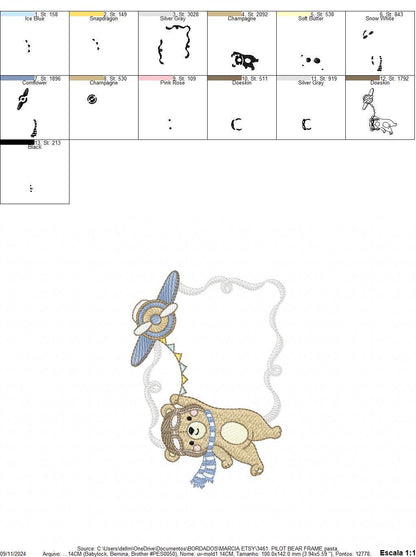 Pilot Bear frame embroidery designs - Plane with flags monogram shape embroidery design machine embroidery pattern - instant download jef