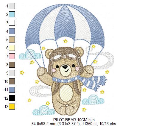 Pilot Bear embroidery designs - Parachute embroidery design machine embroidery pattern - Aviator Teddy bear file - instant download pes jef