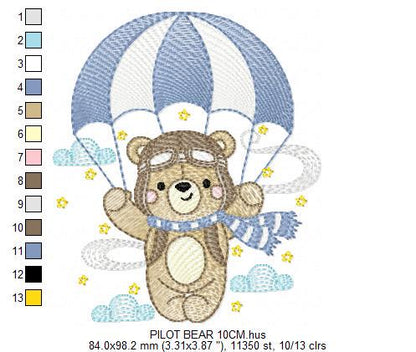 Pilot Bear embroidery designs - Parachute embroidery design machine embroidery pattern - Aviator Teddy bear file - instant download pes jef