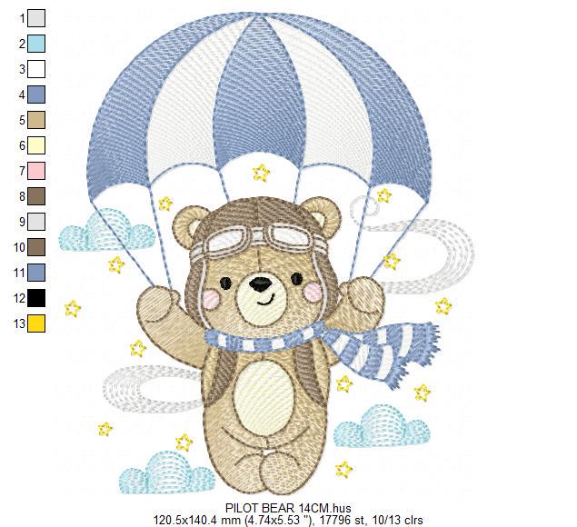 Pilot Bear embroidery designs - Parachute embroidery design machine embroidery pattern - Aviator Teddy bear file - instant download pes jef