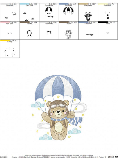Pilot Bear embroidery designs - Parachute embroidery design machine embroidery pattern - Aviator Teddy bear file - instant download pes jef
