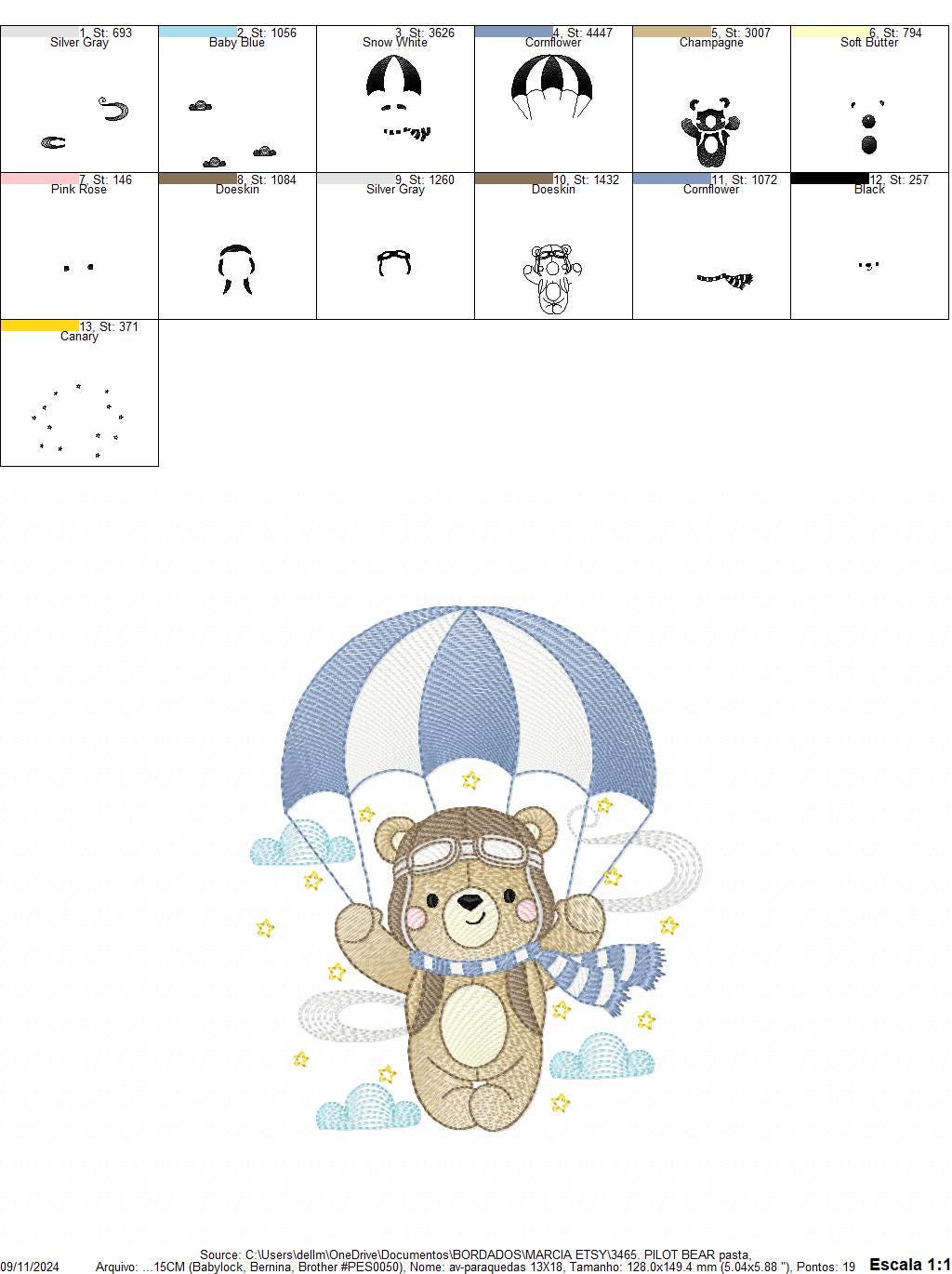 Pilot Bear embroidery designs - Parachute embroidery design machine embroidery pattern - Aviator Teddy bear file - instant download pes jef