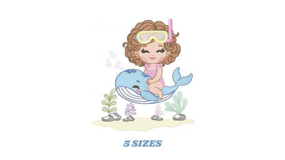 Whale embroidery designs - Diver Girl with snorkel design machine embroidery pattern - Ocean coral sea algae animal file - Instant download