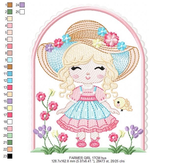Girl with hat embroidery designs - Gardner girl embroidery design machine embroidery pattern - Girl with flowers file - Instant download pes