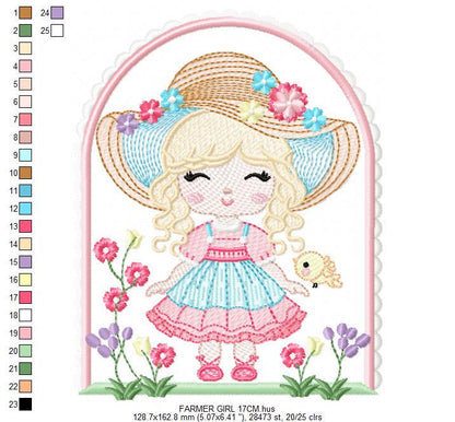 Girl with hat embroidery designs - Gardner girl embroidery design machine embroidery pattern - Girl with flowers file - Instant download pes