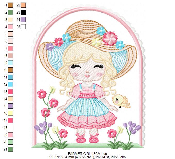 Girl with hat embroidery designs - Gardner girl embroidery design machine embroidery pattern - Girl with flowers file - Instant download pes