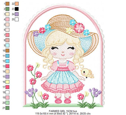 Girl with hat embroidery designs - Gardner girl embroidery design machine embroidery pattern - Girl with flowers file - Instant download pes
