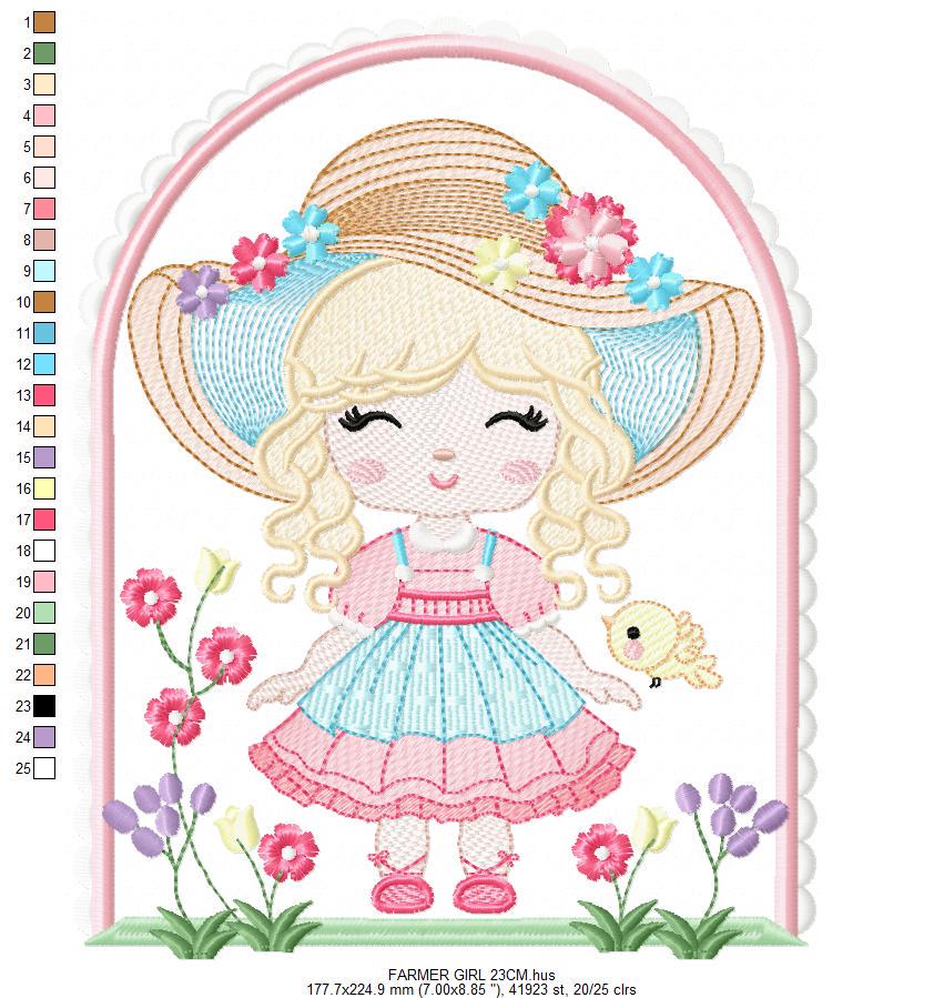 Girl with hat embroidery designs - Gardner girl embroidery design machine embroidery pattern - Girl with flowers file - Instant download pes