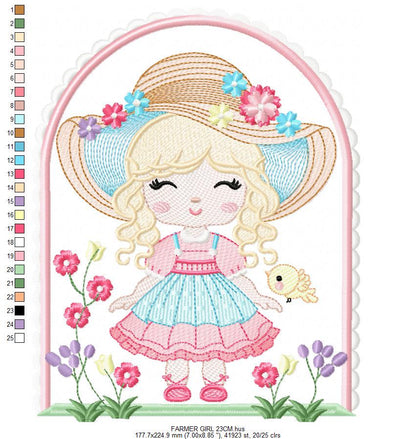 Girl with hat embroidery designs - Gardner girl embroidery design machine embroidery pattern - Girl with flowers file - Instant download pes