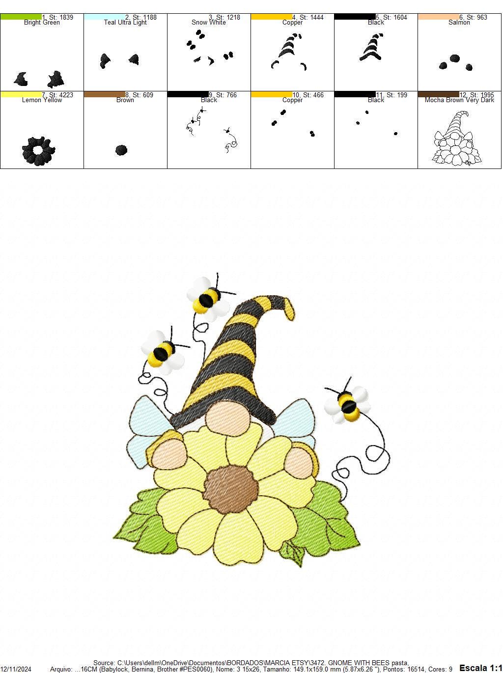Sunflower Gnome with bees embroidery designs - Garden Elf embroidery design machine embroidery pattern - instant digital download pes jef