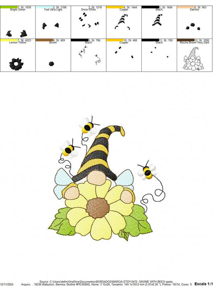 Sunflower Gnome with bees embroidery designs - Garden Elf embroidery design machine embroidery pattern - instant digital download pes jef