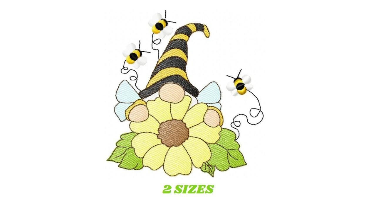 Sunflower Gnome with bees embroidery designs - Garden Elf embroidery design machine embroidery pattern - instant digital download pes jef