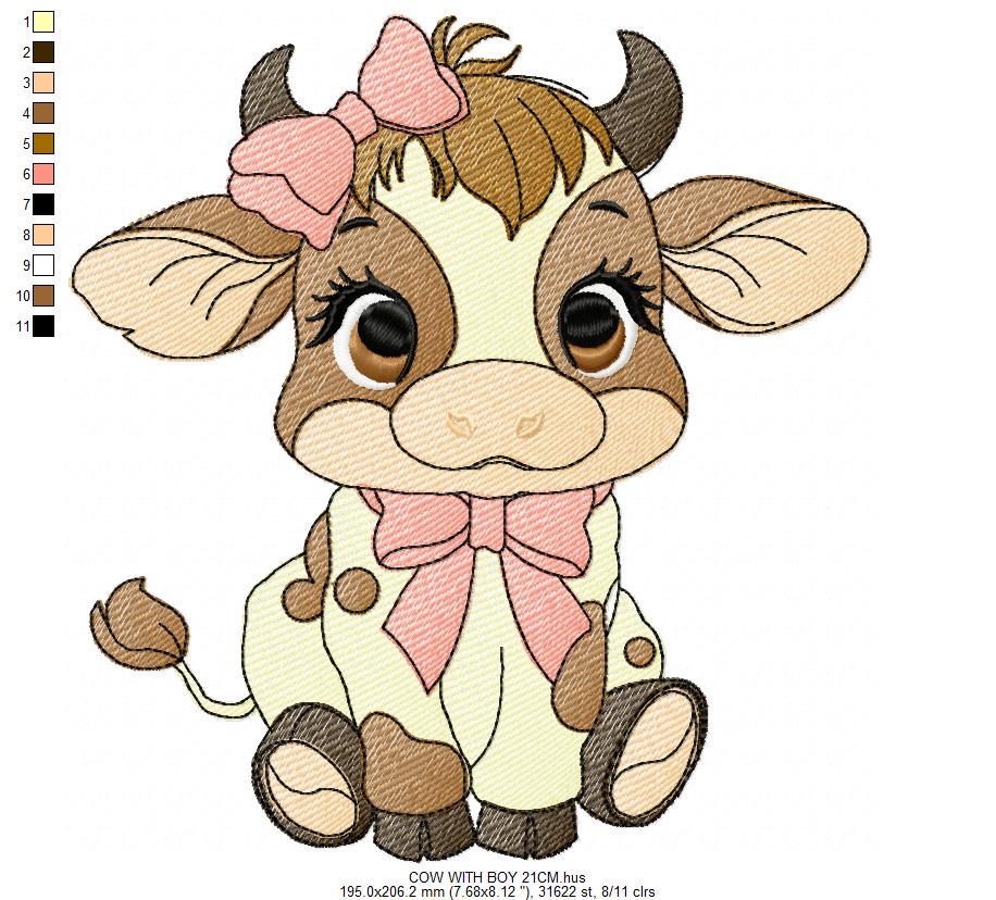 Cow with bow lace embroidery design - Farm Animal Ranch embroidery design machine embroidery pattern - Kitchen Towel file - Instant download