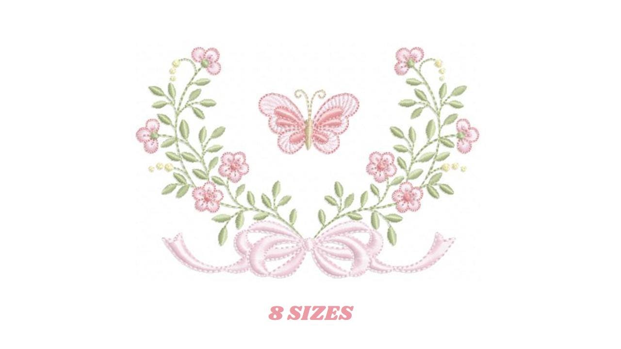 Flower with lace embroidery designs - Roses with butterfly embroidery machine embroidery pattern - Floral Kitchen towel - instant download