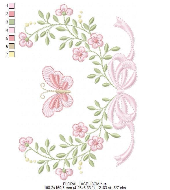 Flower with lace embroidery designs - Roses with butterfly embroidery machine embroidery pattern - Floral Kitchen towel - instant download