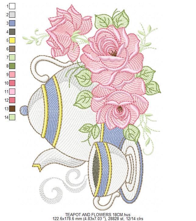 Teapot embroidery design - Tea cup with roses embroidery designs machine embroidery pattern - Kitchen towel Coffee file - Instant download