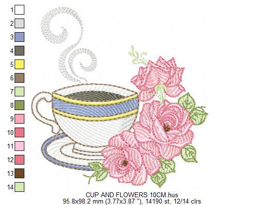 Coffee cup with roses embroidery design - Tea Mug with flowers embroidery designs machine embroidery pattern - Kitchen - Instant download