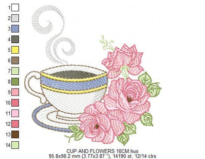 Coffee cup with roses embroidery design - Tea Mug with flowers embroidery designs machine embroidery pattern - Kitchen - Instant download