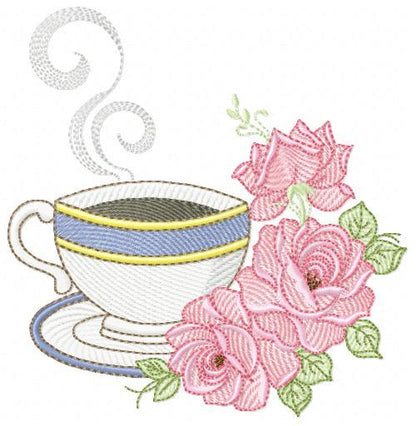 Coffee cup with roses embroidery design - Tea Mug with flowers embroidery designs machine embroidery pattern - Kitchen - Instant download