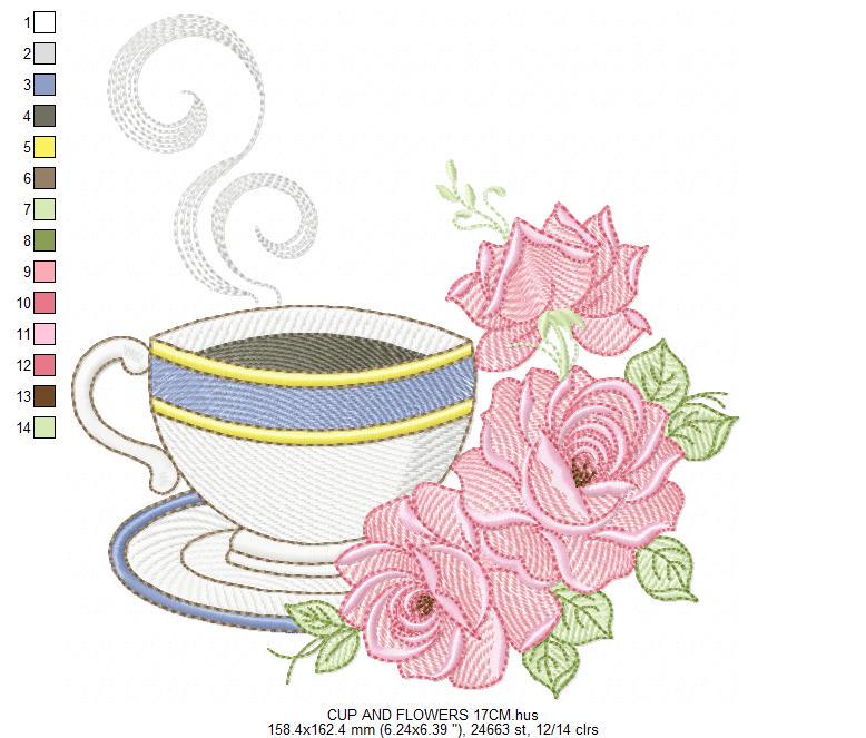 Coffee cup with roses embroidery design - Tea Mug with flowers embroidery designs machine embroidery pattern - Kitchen - Instant download