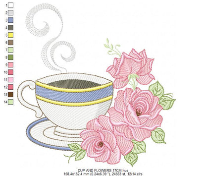 Coffee cup with roses embroidery design - Tea Mug with flowers embroidery designs machine embroidery pattern - Kitchen - Instant download