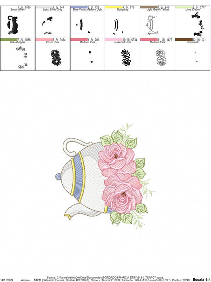 Teapot embroidery design - Roses embroidery designs machine embroidery pattern - Coffee Kitchen towel embroidery file - Instant download pes