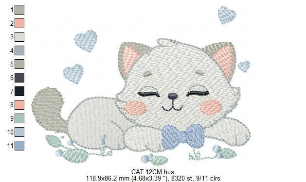 Sleeping Cat with bow tie embroidery design - Kitty embroidery designs machine embroidery pattern - Boy Pet with hearts - Instant download