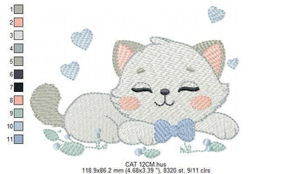 Sleeping Cat with bow tie embroidery design - Kitty embroidery designs machine embroidery pattern - Boy Pet with hearts - Instant download