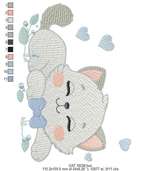 Sleeping Cat with bow tie embroidery design - Kitty embroidery designs machine embroidery pattern - Boy Pet with hearts - Instant download