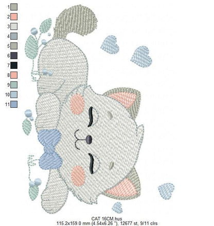 Sleeping Cat with bow tie embroidery design - Kitty embroidery designs machine embroidery pattern - Boy Pet with hearts - Instant download