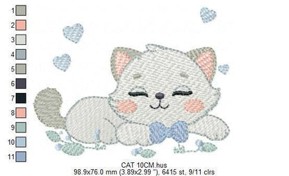 Sleeping Cat with bow tie embroidery design - Kitty embroidery designs machine embroidery pattern - Boy Pet with hearts - Instant download