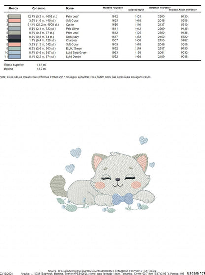 Sleeping Cat with bow tie embroidery design - Kitty embroidery designs machine embroidery pattern - Boy Pet with hearts - Instant download