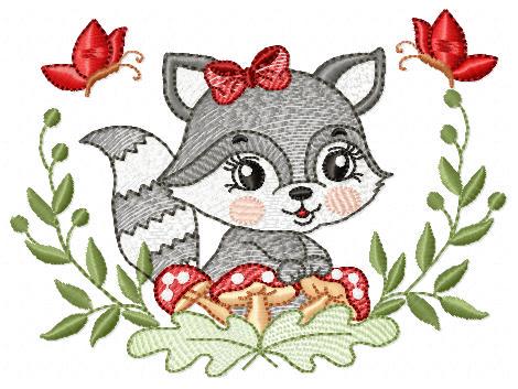 Female Raccoon with laurel frame embroidery designs - Woodland animal with mushroom machine embroidery pattern - Instant download pes jef