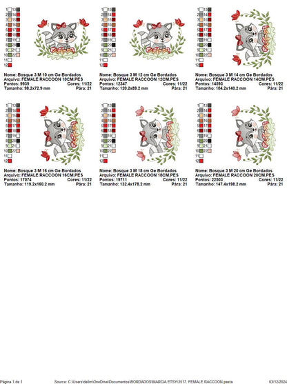 Female Raccoon with laurel frame embroidery designs - Woodland animal with mushroom machine embroidery pattern - Instant download pes jef