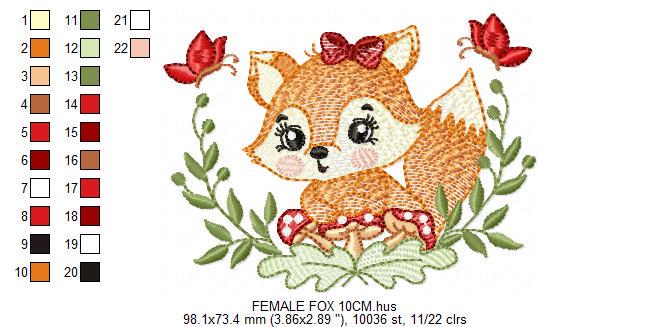 Red Fox embroidery designs - Woodland animal with butterflies machine pattern - Fox tail with lace and mushroom laurel - Instant download