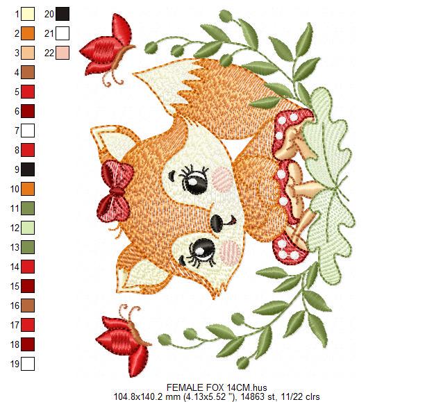 Red Fox embroidery designs - Woodland animal with butterflies machine pattern - Fox tail with lace and mushroom laurel - Instant download