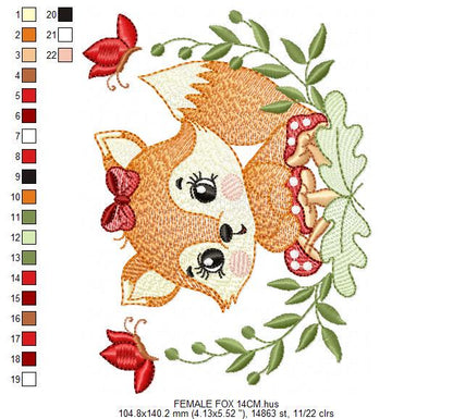 Red Fox embroidery designs - Woodland animal with butterflies machine pattern - Fox tail with lace and mushroom laurel - Instant download