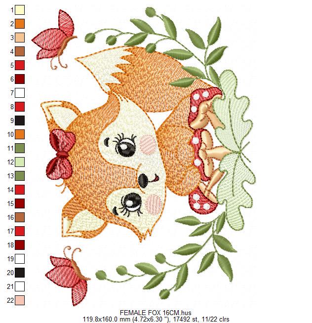 Red Fox embroidery designs - Woodland animal with butterflies machine pattern - Fox tail with lace and mushroom laurel - Instant download