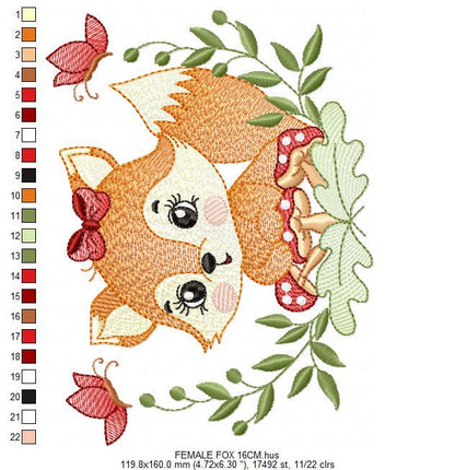 Red Fox embroidery designs - Woodland animal with butterflies machine pattern - Fox tail with lace and mushroom laurel - Instant download