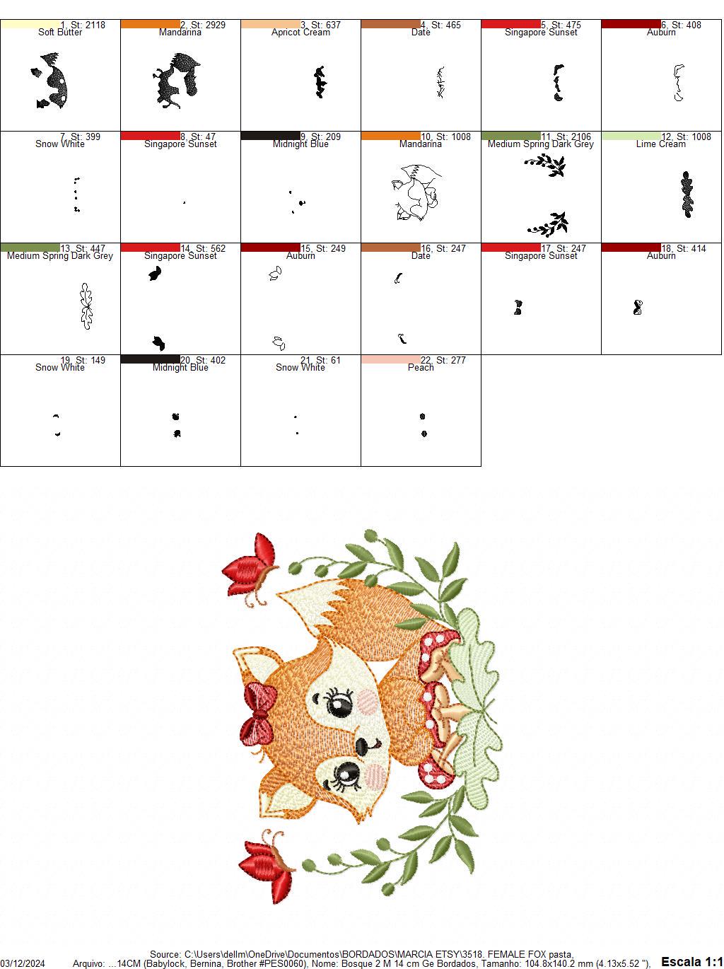 Red Fox embroidery designs - Woodland animal with butterflies machine pattern - Fox tail with lace and mushroom laurel - Instant download