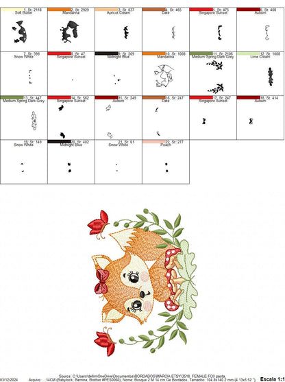 Red Fox embroidery designs - Woodland animal with butterflies machine pattern - Fox tail with lace and mushroom laurel - Instant download