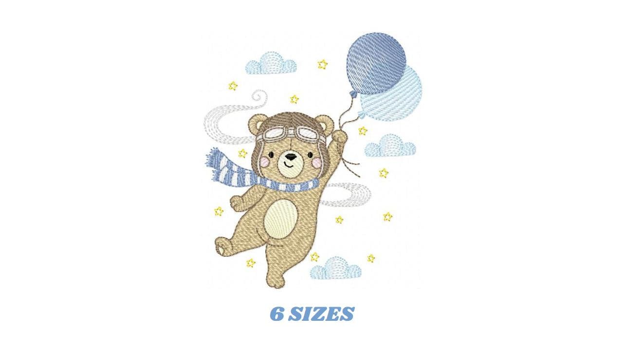 Pilot Bear embroidery designs - Bear with Balloons embroidery design machine embroidery pattern - Aviator Teddy bear file - instant download
