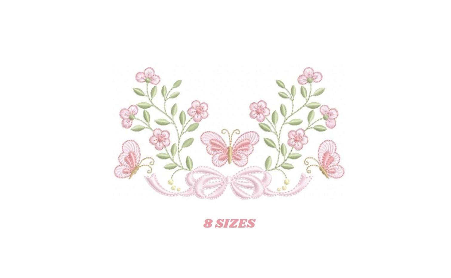 Flowers with lace embroidery designs - Roses with butterfly embroidery machine embroidery pattern - Floral Kitchen towel - instant download