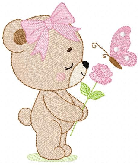 Female Bear embroidery designs - Bear with lace and butterfly embroidery design machine embroidery pattern - Flower bow - Instant download