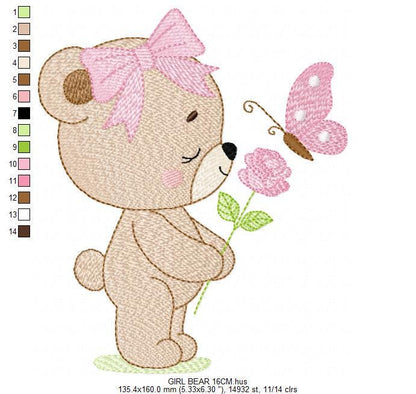 Female Bear embroidery designs - Bear with lace and butterfly embroidery design machine embroidery pattern - Flower bow - Instant download